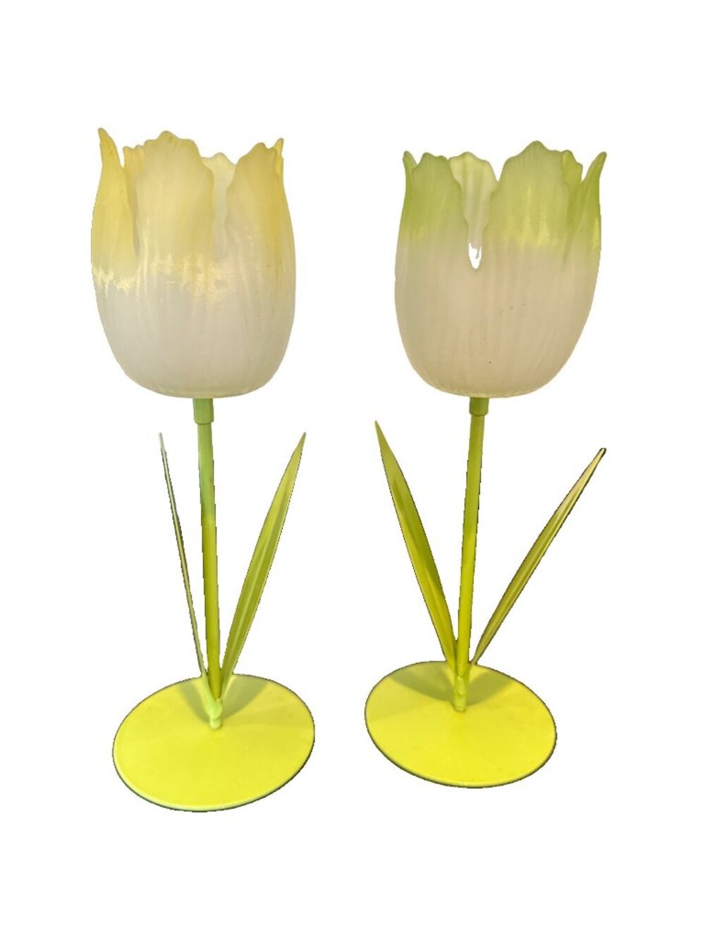 Vtg Lime - Yellow Frosted Tulip Flower Votive Tea Light Candle Holders Glass Mtl